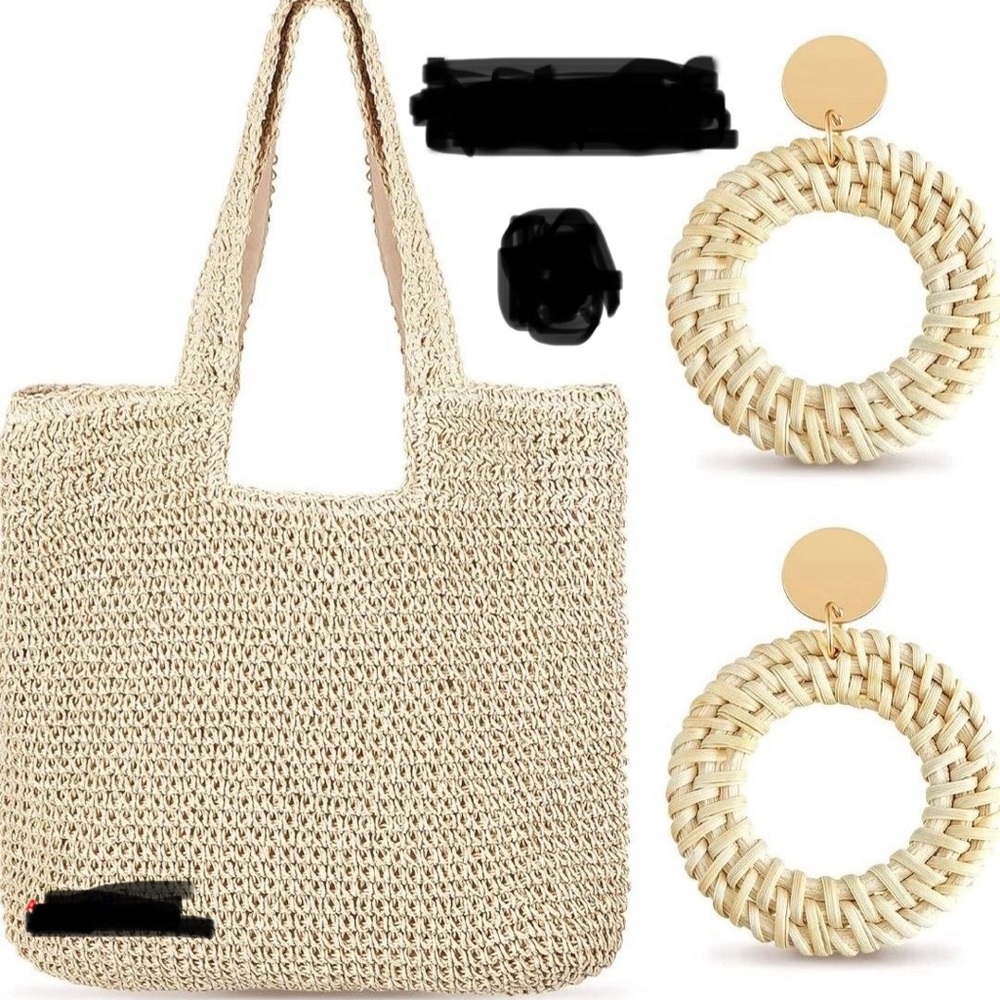 Amylove straw beach tote with rattan earrings.